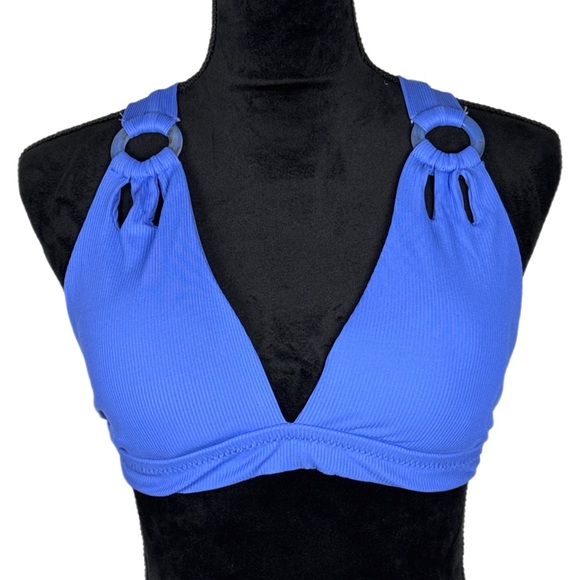 BECCA Bright Periwinkle Blue Ribbed Bikini Crisscross Back Bikini Top NWT Size M - Picture 2 of 12